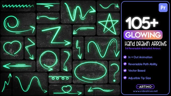 Videohive 51447624 105 Glowing Hand Drawn Arrows Mogrt, GFXHive