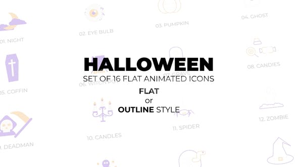 Videohive 54186866 Halloween – Set of 16 Animated Icons Flat or Outline style, GFXHive