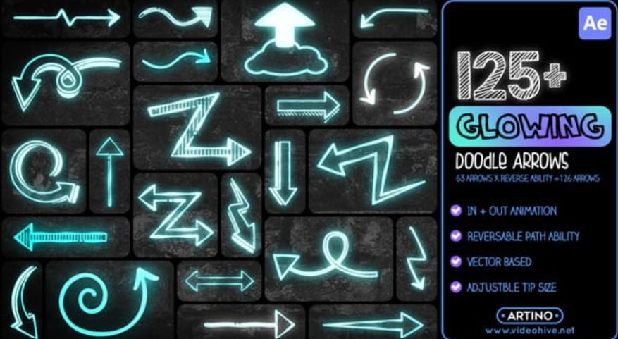 Videohive 55315440 125+ Glowing Doodle Arrows Pack