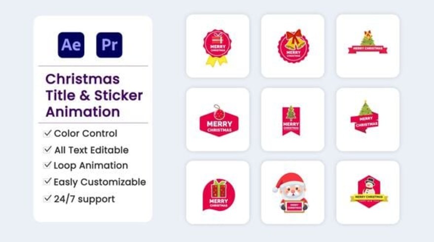 Videohive 55609785 Christmas Title & Stickers Pack MOGRT Template