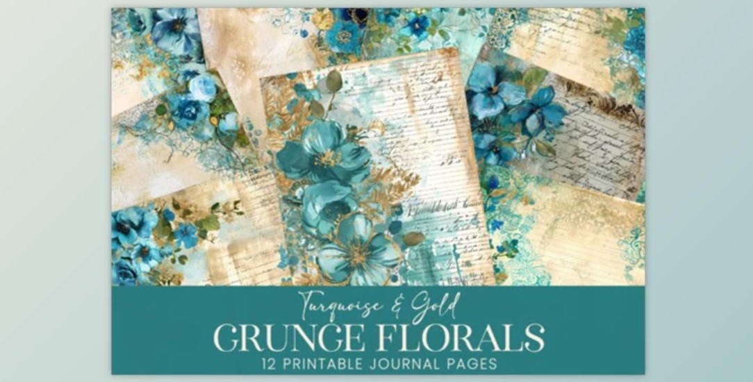 Unlock Creativity: Turquoise Grunge Watercolor Floral Pages 88361096